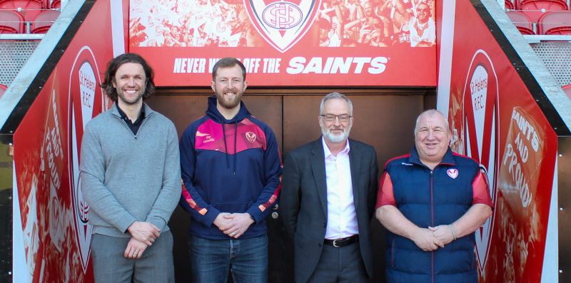 From left to right: St Helens College Director of Curriculum, Mathew Gartland, Saints Community Development Foundation Business Manager, Ben Hardman, CEO and Principal of St Helens College, Simon Pierce and Saints Community Development Foundation Director, Steve Leonard.